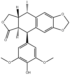 Furo[3',4':6,7]naphtho[2,3-d]-1,3-dioxol-6(5aH)-one, 5,8,8a,9-tetrahydro-5-(4-hydroxy-3,5-dimethoxyphenyl)-9-iodo-, (5R,5aR,8aR,9S)- Structure