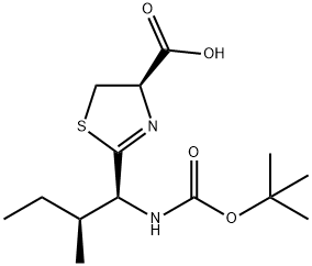 4-Thiazolecarboxylic acid, 2-[(1S,2S)-1-[[(1,1-dimethylethoxy)carbonyl]amino]-2-methylbutyl]-4,5-dihydro-, (4R)- Struktur