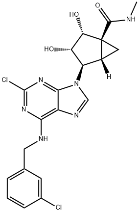 Bicyclo[3.1.0]hexane-1-carboxamide, 4-[2-chloro-6-[[(3-chlorophenyl)methyl]amino]-9H-purin-9-yl]-2,3-dihydroxy-N-methyl-, (1S,2R,3S,4R,5S)- Struktur