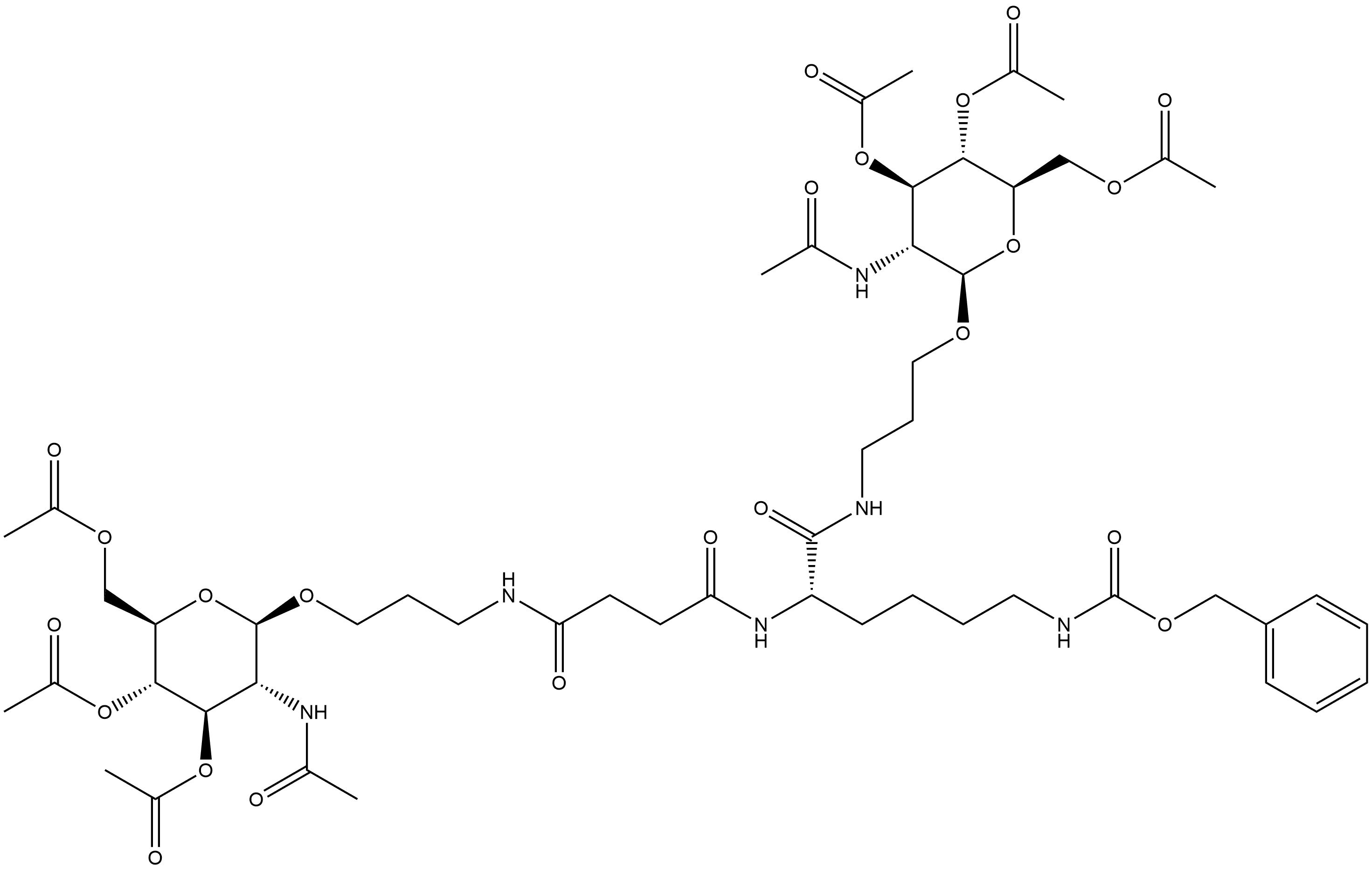 (5S)-5-[[1,4-dioxo-4-[[3-[[3,4,6-tri-O-acetyl-2-(acetylamino)-2-deoxy-β-D-glucopyranosyl]oxy]propyl]amino]butyl]amino]-6-oxo-6-[[3-[[3,4,6-tri-O-acetyl-2-(acetylamino)-2-deoxy-β-D-glucopyranosyl]oxy]propyl]amino]hexyl]-Carbamic acid phenylmethyl ester Structure