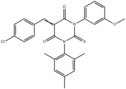 (5E)-5-[(4-chlorophenyl)methylidene]-1-(3-methoxyphenyl)-2-sulfanylide ne-3-(2,4,6-trimethylphenyl)-1,3-diazinane-4,6-dione Struktur