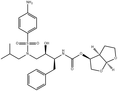Carbamic acid, N-[(1S,2R)-3-[[(4-aminophenyl)sulfonyl](2-methylpropyl)amino]-2-hydroxy-1-(phenylmethyl)propyl]-, (3S,3aR,6aS)-hexahydrofuro[2,3-b]furan-3-yl ester Struktur