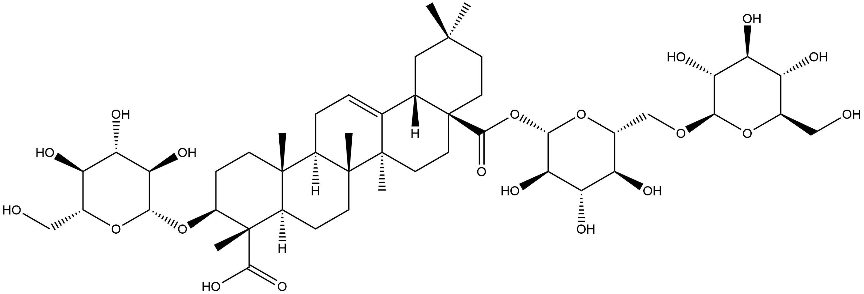Olean-12-ene-23,28-dioic acid, 3-(β-D-glucopyranosyloxy)-, 28-(6-O-β-D-glucopyranosyl-β-D-glucopyranosyl) ester, (3β,4α)- Structure