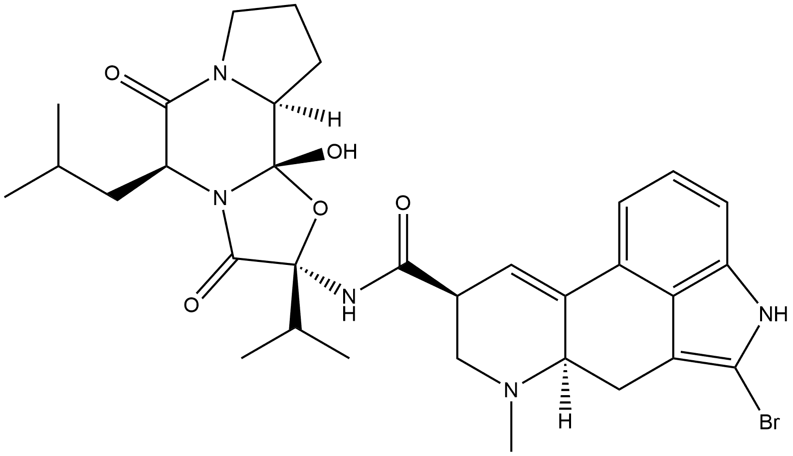 Ergotaman-3',6',18-trione, 2-bromo-12'-hydroxy-2'-(1-methylethyl)-5'-(2-methylpropyl)-, (2'β,5'α,8α)- (9CI),82796-58-5,结构式