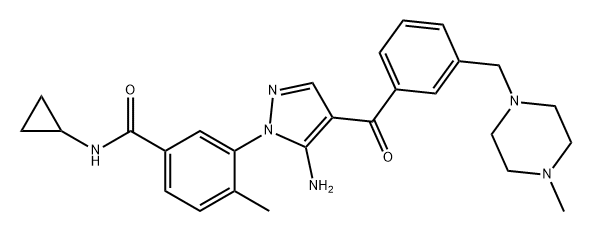 Benzamide, 3-[5-amino-4-[3-[(4-methyl-1-piperazinyl)methyl]benzoyl]-1H-pyrazol-1-yl]-N-cyclopropyl-4-methyl- Struktur