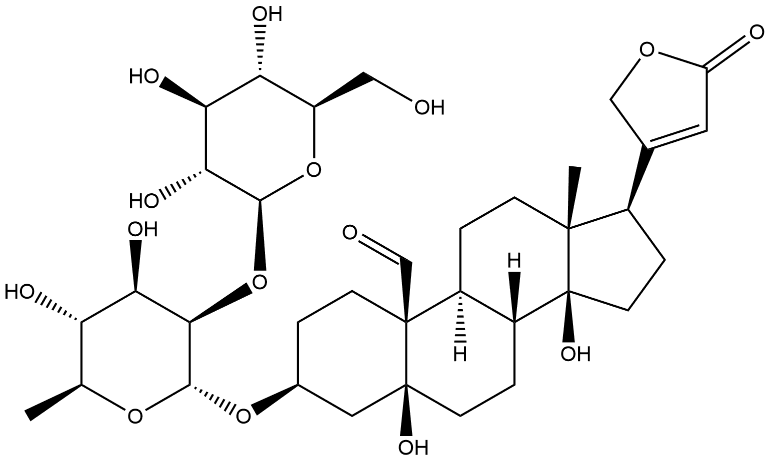 Card-20(22)-enolide, 3-[(6-deoxy-2-O-β-D-glucopyranosyl-α-L-mannopyranosyl)oxy]-5,14-dihydroxy-19-oxo-, (3β,5β)- Structure