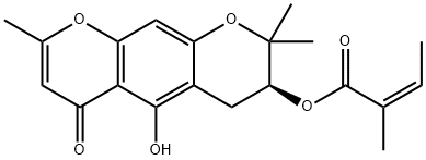 2-Butenoic acid, 2-methyl-, (3S)-3,4-dihydro-5-hydroxy-2,2,8-trimethyl-6-oxo-2H,6H-benzo[1,2-b:5,4-b']dipyran-3-yl ester, (2Z)- Struktur