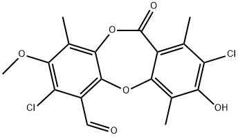 11H-Dibenzo[b,e][1,4]dioxepin-6-carboxaldehyde, 2,7-dichloro-3-hydroxy-8-methoxy-1,4,9-trimethyl-11-oxo- Structure