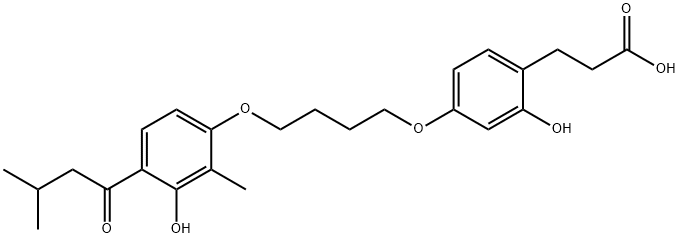 Benzenepropanoic acid, 2-hydroxy-4-[4-[3-hydroxy-2-methyl-4-(3-methyl-1-oxobutyl)phenoxy]butoxy]- Structure