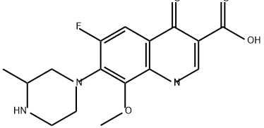 3-Quinolinecarboxylic acid, 6-fluoro-1,4-dihydro-8-methoxy-7-(3-methyl-1-piperazinyl)-4-oxo- 化学構造式