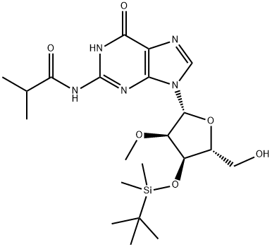 Guanosine, 3'-?O-?[(1,?1-?dimethylethyl)?dimethylsilyl]?-?2'-?O-?methyl-?N-?(2-?methyl-?1-?oxopropyl)?- Struktur