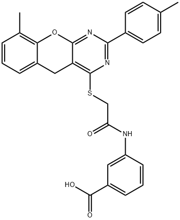 Benzoic acid, 3-[[2-[[9-methyl-2-(4-methylphenyl)-5H-[1]benzopyrano[2,3-d]pyrimidin-4-yl]thio]acetyl]amino]- Structure
