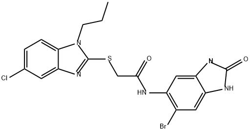 Acetamide, N-(6-bromo-2,3-dihydro-2-oxo-1H-benzimidazol-5-yl)-2-[(5-chloro-1-propyl-1H-benzimidazol-2-yl)thio]-,868269-65-2,结构式