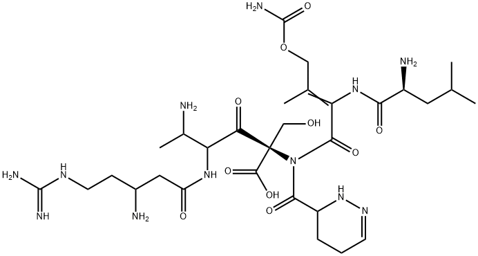 N-[2-[N-[[(3S)-2-[(2S,3S)-2-(3-アミノ-5-グアニジノペンタノイルアミノ)-3-アミノブタノイル]-2,3,4,5-テトラヒドロピリダジン-3α-イル]カルボニル]-L-ロイシルアミノ]-3-(カルバモイルオキシ)-2-ブテノイル]-L-セリン 化学構造式