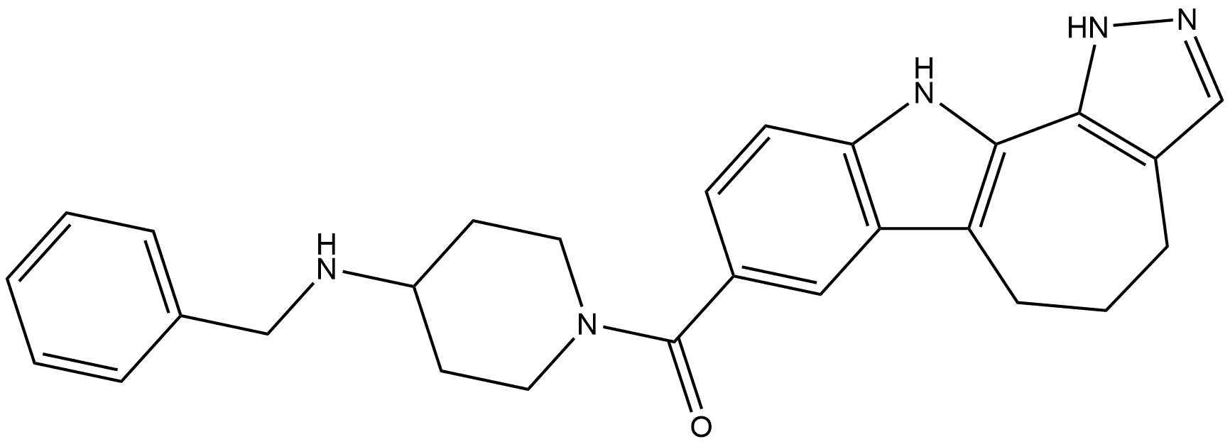 (4-(benzylamino)piperidin-1-yl)(4,5,6,11-tetrahydro-1H-pyrazolo[4',3':6,7]cyclohepta[1,2-b]indol-8-yl)methanone 结构式
