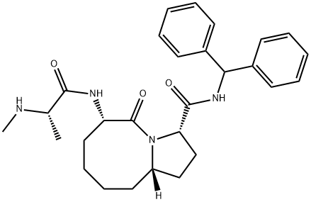 Pyrrolo[1,2-a]azocine-3-carboxamide, N-(diphenylmethyl)decahydro-6-[[(2S)-2-(methylamino)-1-oxopropyl]amino]-5-oxo-, (3S,6S,10aS)- 结构式