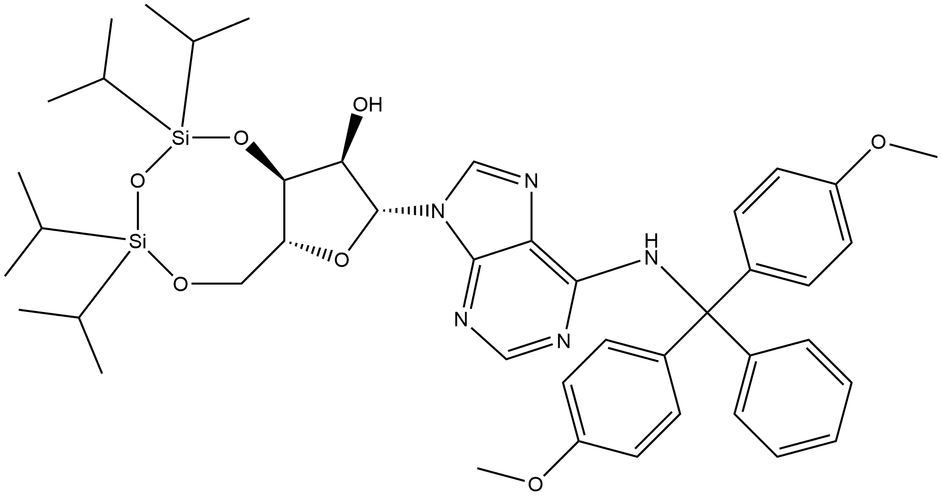 Adenosine, N-[bis(4-methoxyphenyl)phenylmethyl]-3',5'-O-[1,1,3,3-tetrakis(1-methylethyl)-1,3-disiloxanediyl]-,874889-86-8,结构式