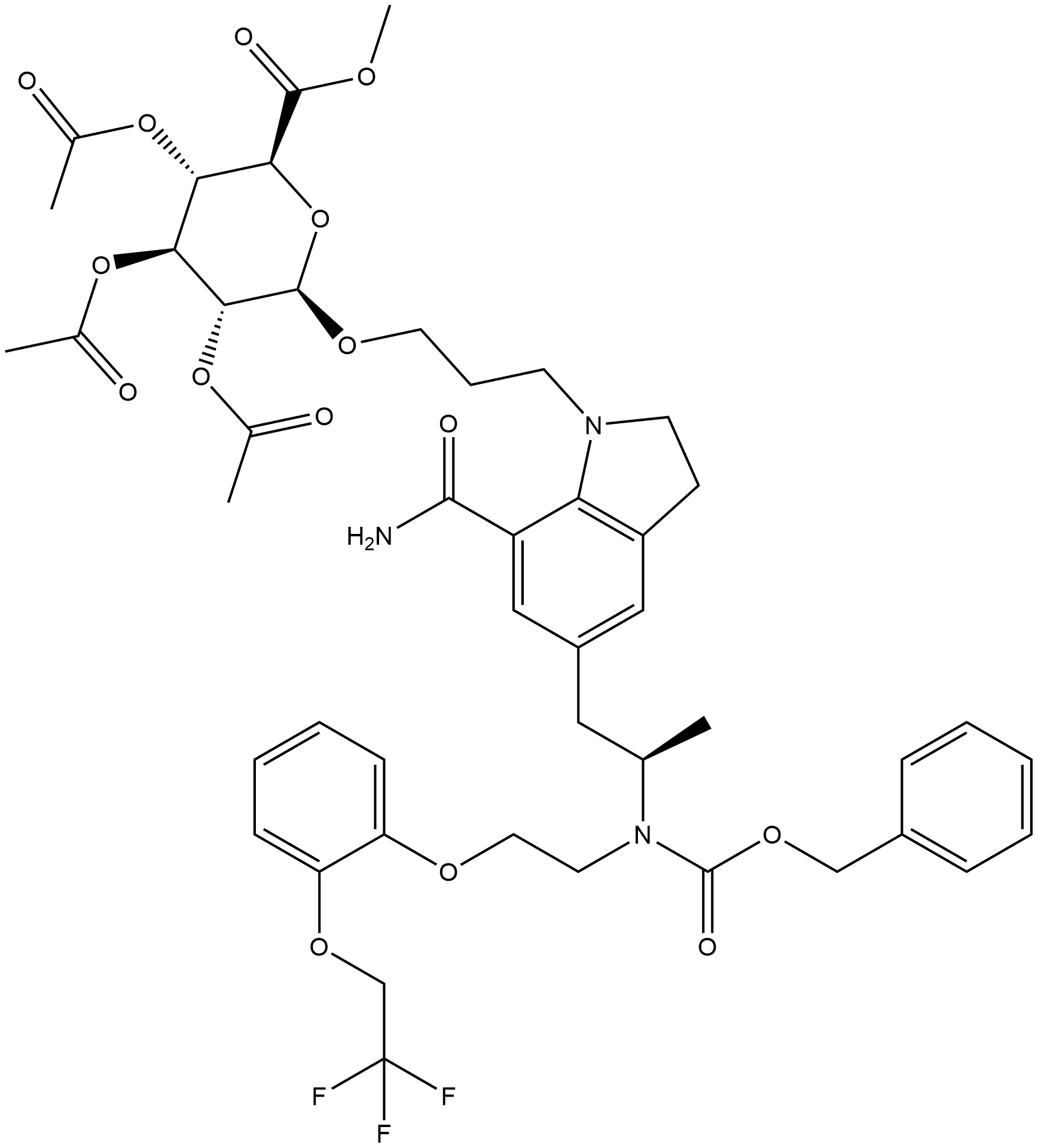 Silodosin β-D-Glucuronide N-Carboxybenzyl O-Methyl Tri-acetate Structure