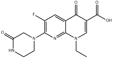 1-エチル-6-フルオロ-1,4-ジヒドロ-4-オキソ-7-(3-オキソ-1-ピペラジニル)-1,8-ナフチリジン-3-カルボン酸 化学構造式