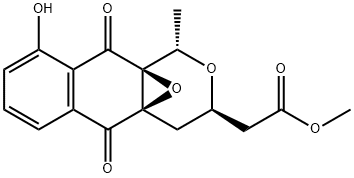 (1S)-3,4,5,10-テトラヒドロ-9-ヒドロキシ-1α-メチル-5,10-ジオキソ-4aβ,10aβ-エポキシ-1H-ナフト[2,3-c]ピラン-3β-酢酸メチル 化学構造式