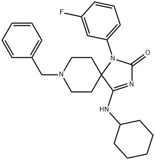 1,3,8-Triazaspiro[4.5]dec-3-en-2-one, 4-(cyclohexylamino)-1-(3-fluorophenyl)-8-(phenylmethyl)-,885112-48-1,结构式