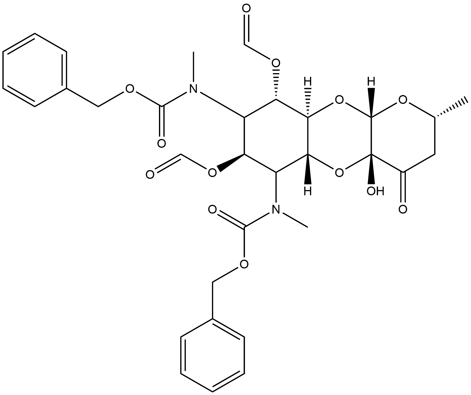 Carbamic acid, [7,9-bis(formyloxy)decahydro-4a-hydroxy-2-methyl-4-oxo-2H-pyrano[2,3-b][1,4]benzodioxin-6,8-diyl]bis[methyl-, bis(phenylmethyl) ester, [2R-(2α,4aβ,5aβ,6β,7β,8β,9α,9aα,10aβ)]- (9CI) Structure