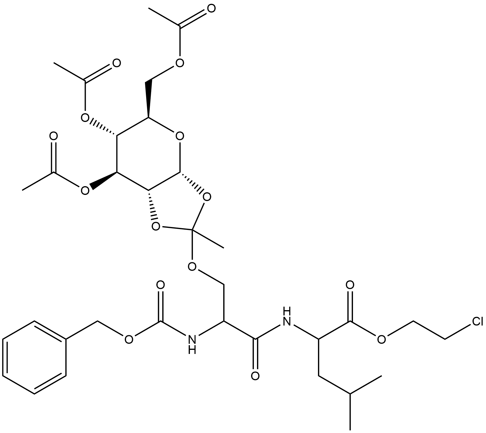 α-D-Glucopyranose, 1,2-O-[1-[3-[[1-[(2-chloroethoxy)carbonyl]-3-methylbutyl]amino]-3-oxo-2-[[(phenylmethoxy)carbonyl]amino]propoxy]ethylidene]-, 3,4,6-triacetate (9CI)
