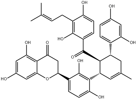 4H-1-Benzopyran-4-one, 2-[3-[(1S,5R,6S)-6-[2,4-dihydroxy-3-(3-methyl-2-buten-1-yl)benzoyl]-5-(2,4-dihydroxyphenyl)-3-methyl-2-cyclohexen-1-yl]-2,4-dihydroxyphenyl]-2,3-dihydro-5,7-dihydroxy-, (2S)- Struktur