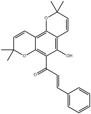 (E)-1-(5-Hydroxy-2,2,8,8-tetramethyl-2H,8H-benzo[1,2-b:3,4-b']dipyran-6-yl)-3-phenyl-2-propen-1-one Struktur