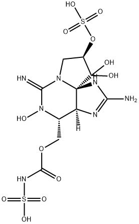 (3aS,10aS)-3aα,4,5,6,8,9-ヘキサヒドロ-2-アミノ-6-イミノ-4α-[[(スルホアミノカルボニル)オキシ]メチル]-1H,10H-ピロロ[1,2-c]プリン-5,9β,10,10-テトラオール9-スルファート 化学構造式