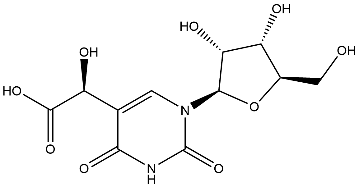 5-Pyrimidineacetic acid, 1,2,3,4-tetrahydro-α-hydroxy-2,4-dioxo-1-β-D-ribofuranosyl-, (αS)- Struktur