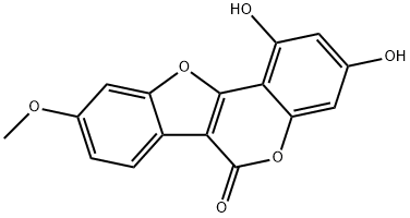 6H-Benzofuro[3,2-c][1]benzopyran-6-one, 1,3-dihydroxy-9-methoxy- Struktur