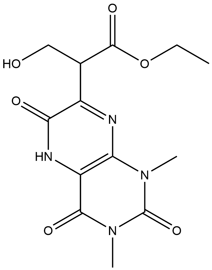 7-?Pteridineacetic acid, 1,?2,?3,?4,?5,?6-?hexahydro-?α-?(hydroxymethyl)?-?1,?3-?dimethyl-?2,?4,?6-?trioxo-?, ethyl ester (9CI) Struktur