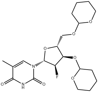 1-((2R,3R,4R,5R)-3-fluoro-4-((tetrahydro-2H-pyran-2-yl)oxy)-5-(((tetrahydro-2H-pyran-2-yl)oxy)methyl)tetrahydrofuran-2-yl)-5-methylpyrimidine-2,4(1H,3H)-dione Structure