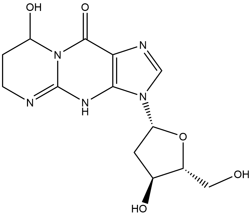 3-(2-Deoxy-β-D-erythro-pentofuranosyl)-4,6,7,8-tetrahydro-8-hydroxypyrimido[1,2-a]purin-10(3H)-one (~90%) 化学構造式
