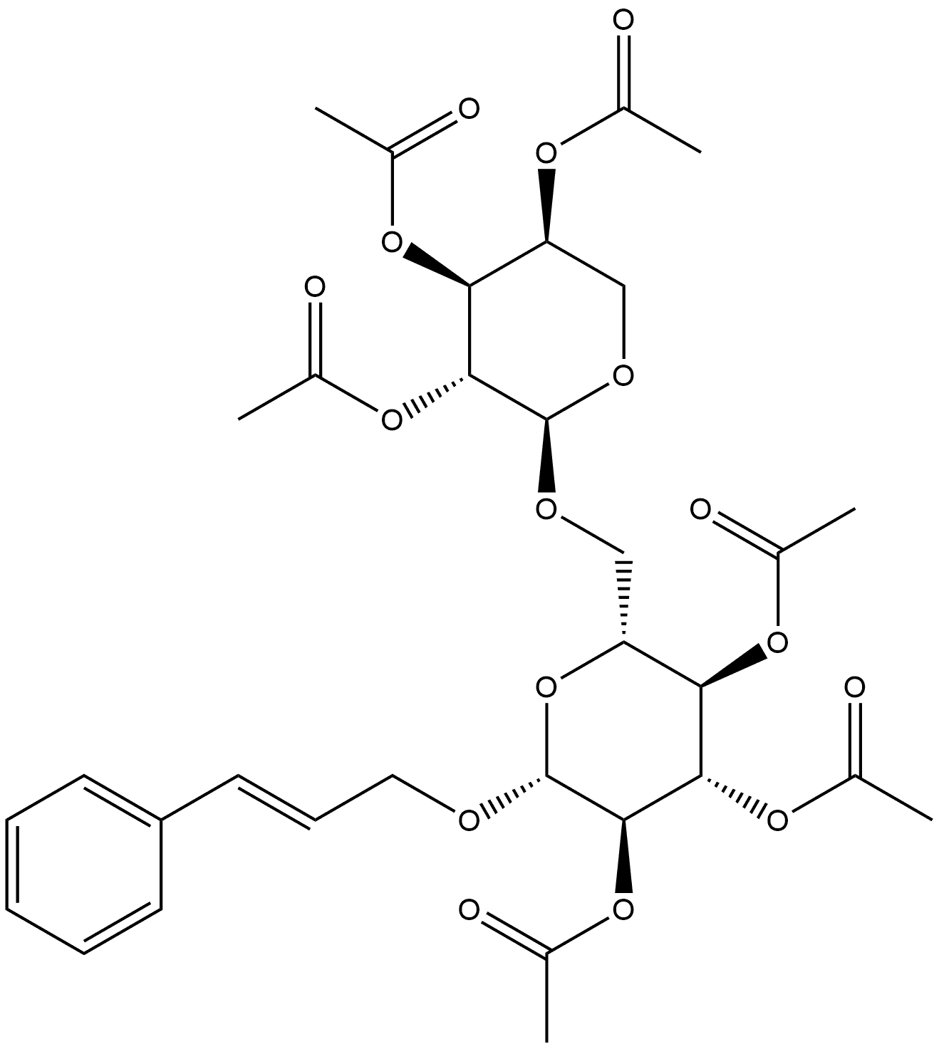 β-D-Glucopyranoside, (2E)-3-phenyl-2-propen-1-yl 6-O-(2,3,4-tri-O-acetyl-α-L-arabinopyranosyl)-, 2,3,4-triacetate 化学構造式