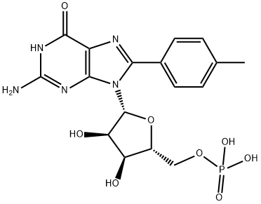 ((2R,3S,4R,5R)-5-(2-Amino-6-oxo-8-(p-tolyl)-1H-purin-9(6H)-yl)-3,4-dihydroxytetrahydrofuran-2-yl)methyl dihydrogen phosphate 结构式