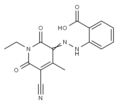 Benzoic acid, 2-?[2-?(5-?cyano-?1-?ethyl-?1,?6-?dihydro-?4-?methyl-?2,?6-?dioxo-?3(2H)?-?pyridinylidene)?hydrazinyl]?- Struktur