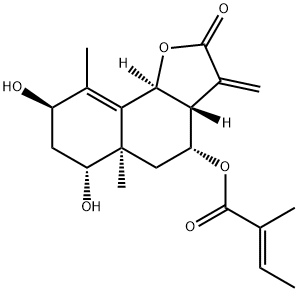 (E)-2-Methyl-2-butenoic acid (3aR)-2,3,3aβ,4,5,5a,6,7,8,9bα-decahydro-6α,8β-dihydroxy-5aα,9-dimethyl-3-methylene-2-oxonaphtho[1,2-b]furan-4α-yl ester Structure