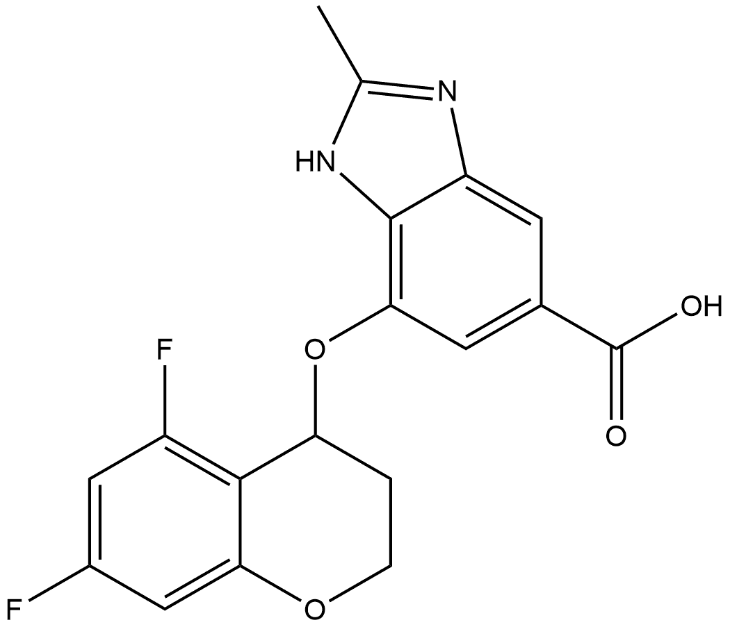 1H-Benzimidazole-5-carboxylic acid, 7-[(5,7-difluoro-3,4-dihydro-2H-1-benzopyran-4-yl)oxy]-2-methyl-, (-)- Struktur