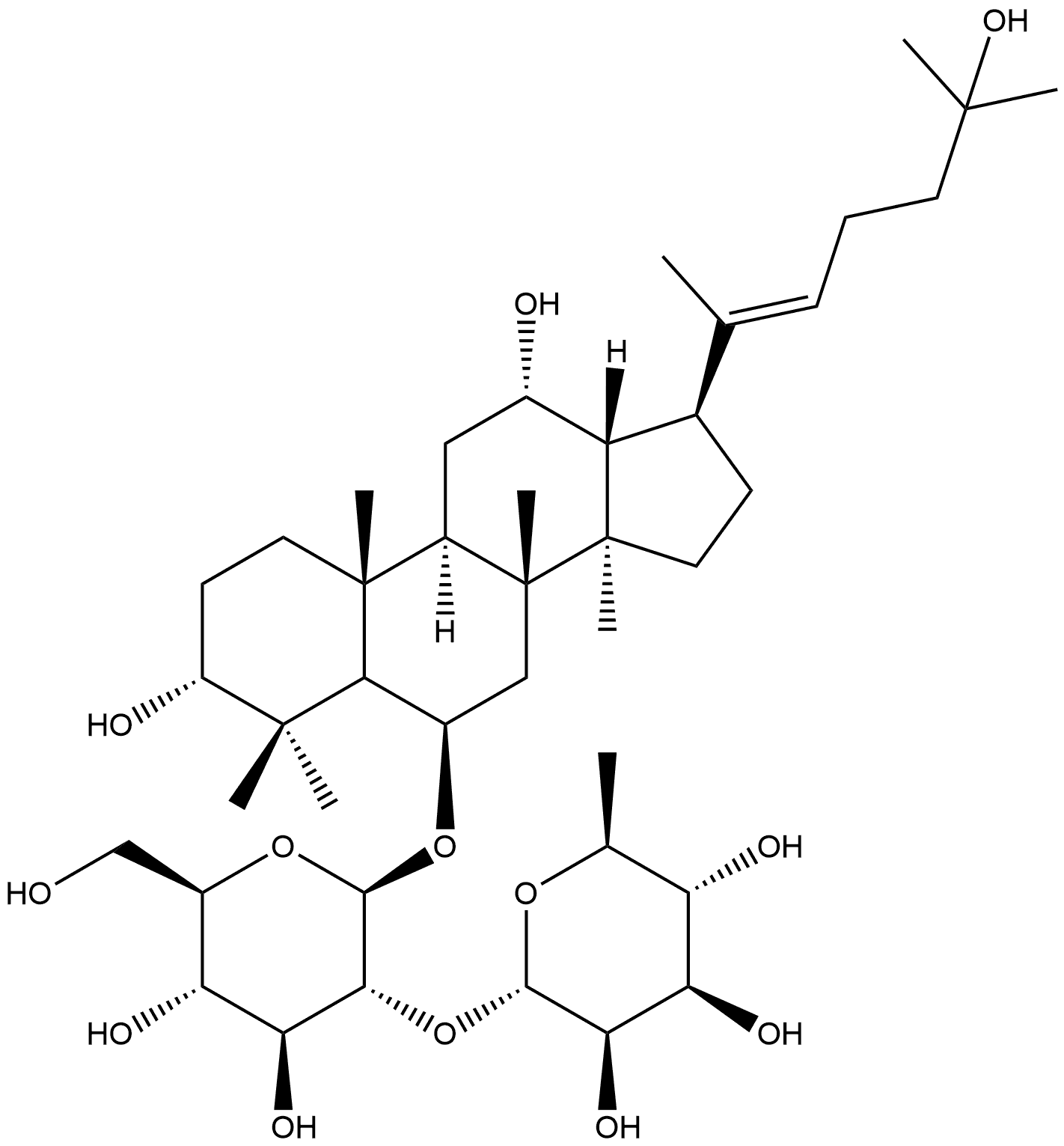 β-D-Glucopyranoside, (3β,6α,12β,20E)-3,12,25-trihydroxydammar-20(22)-en-6-yl 2-O-6-deoxy-α-L-mannopyranosyl- Struktur
