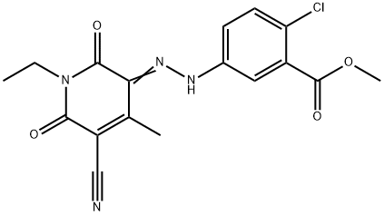 Benzoic acid, 2-?chloro-?5-?[2-?(5-?cyano-?1-?ethyl-?1,?6-?dihydro-?4-?methyl-?2,?6-?dioxo-?3(2H)?-?pyridinylidene)?hydrazinyl]?-?, methyl ester Struktur