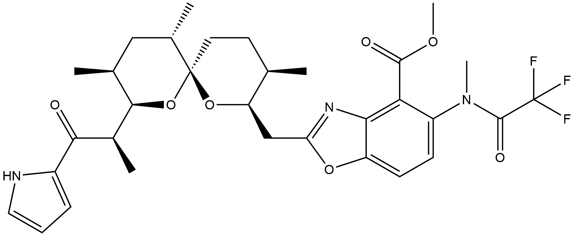 4-Benzoxazolecarboxylic acid, 5-[methyl(trifluoroacetyl)amino]-2-[[3,9,11-trimethyl-8-[1-methyl-2-oxo-2-(1H-pyrrol-2-yl)ethyl]-1,7-dioxaspiro[5.5]undec-2-yl]methyl]-, methyl ester, [6S-[6α(2S*,3S*),8β(R*),9β,11α]]- (9CI) 结构式