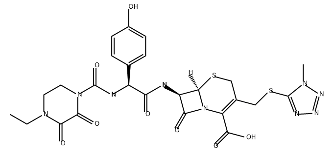 5-Thia-1-azabicyclo[4.2.0]oct-2-ene-2-carboxylic acid, 7-[[(2S)-2-[[(4-ethyl-2,3-dioxo-1-piperazinyl)carbonyl]amino]-2-(4-hydroxyphenyl)acetyl]amino]-3-[[(1-methyl-1H-tetrazol-5-yl)thio]methyl]-8-oxo-, (6R,7R)- Structure