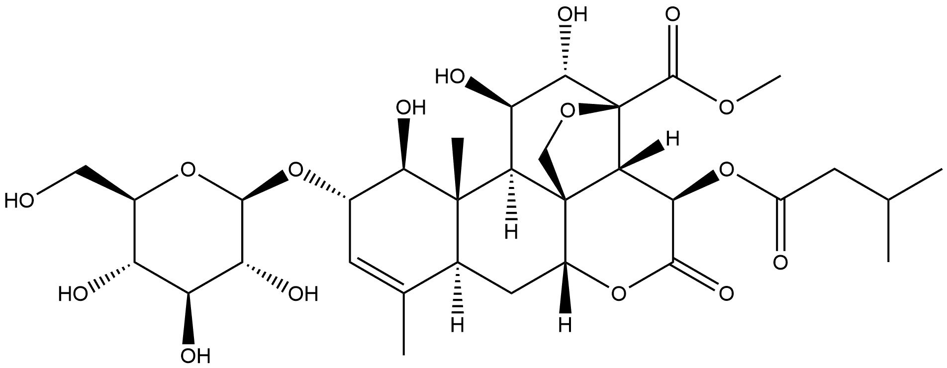 Picras-3-en-21-oic acid, 13,20-epoxy-2-(β-D-glucopyranosyloxy)-1,11,12-trihydroxy-15-(3-methyl-1-oxobutoxy)-16-oxo-, methyl ester, (1β,2α,11β,12α,15β)- (9CI) Structure