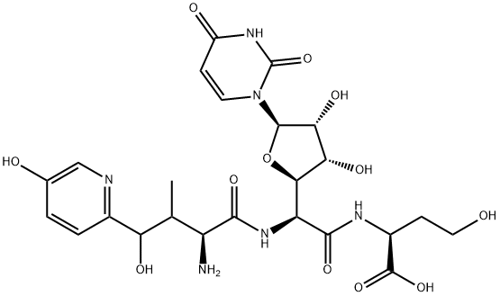 N-[2-[(2R)-5α-(3,4-Dihydro-2,4-dioxopyrimidin-1(2H)-yl)tetrahydro-3β,4β-dihydroxyfuran-2α-yl]-N-[(3S,4S)-4-hydroxy-4-(5-hydroxypyridin-2-yl)-L-valyl]-L-glycyl]-L-homoserine Structure