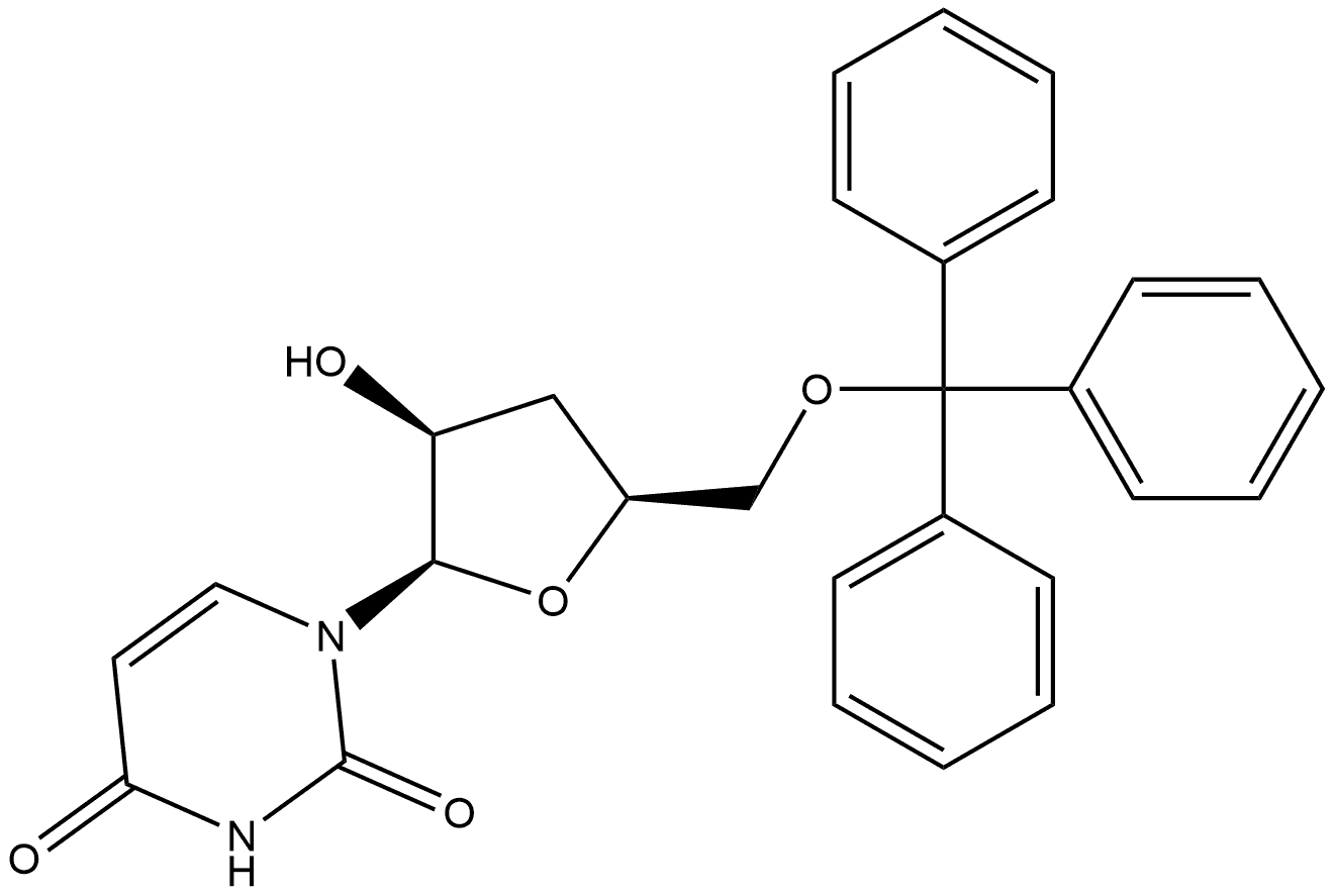 2,4(1H,3H)-Pyrimidinedione, 1-[3-deoxy-5-O-(triphenylmethyl)-β-D-threo-pentofuranosyl]- Structure