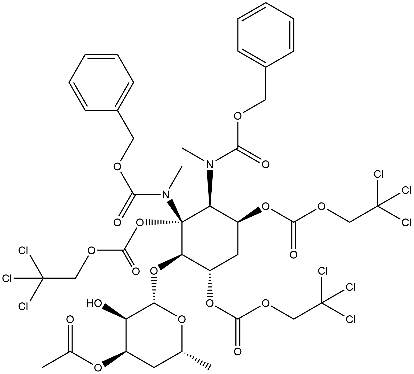 D-myo-Inositol, 5-O-(3-O-acetyl-4,6-dideoxy-β-D-ribo-hexopyranosyl)-1,3-dideoxy-1,6-bis[methyl[(phenylmethoxy)carbonyl]amino]-, 2,4,6-tris(2,2,2-trichloroethyl carbonate) (9CI)