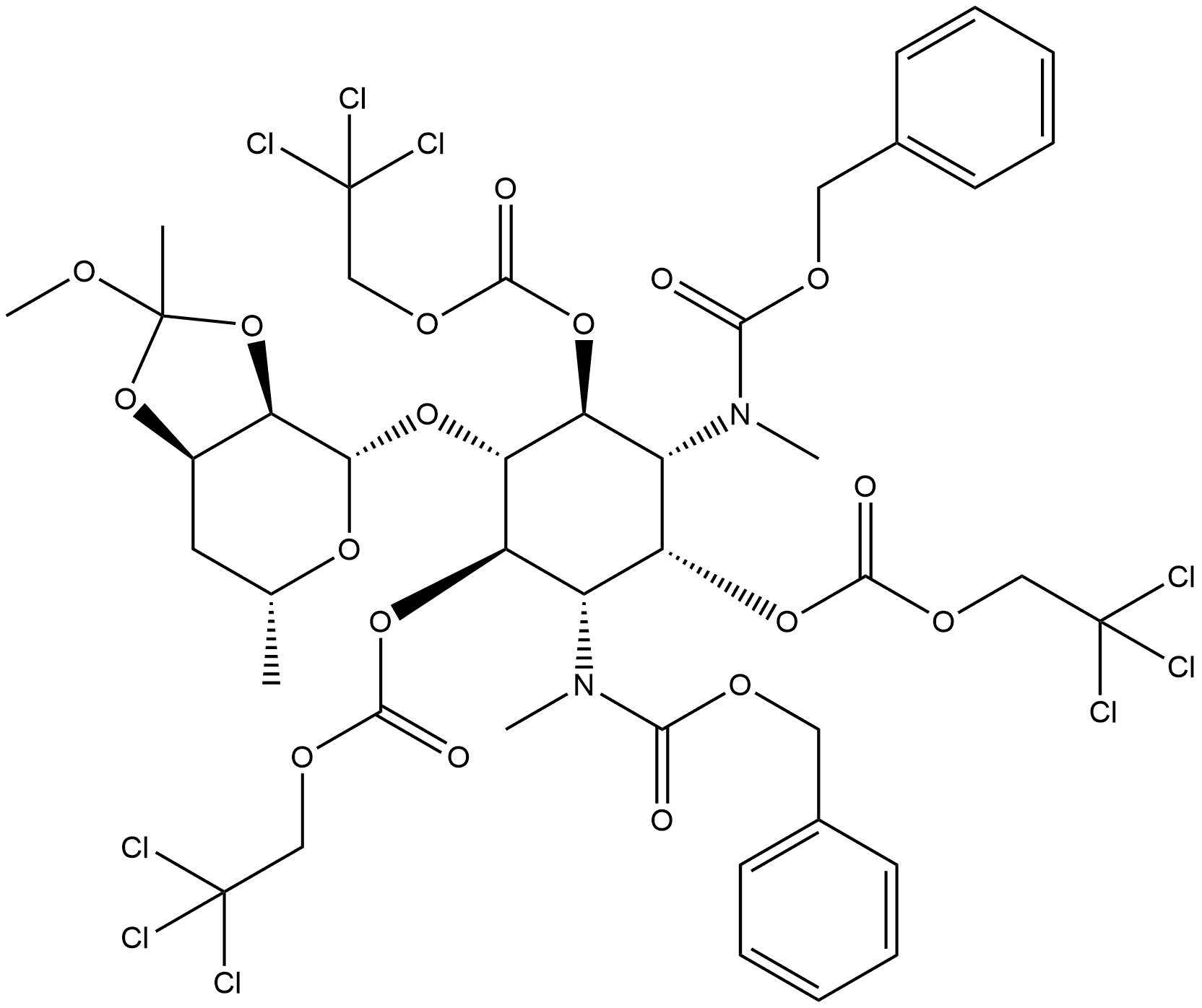myo-Inositol, 1,3-dideoxy-5-O-[4,6-dideoxy-2,3-O-(1-methoxyethylidene)-β-D-ribo-hexopyranosyl]-1,3-bis[methyl[(phenylmethoxy)carbonyl]amino]-, 2,4,6-tris(2,2,2-trichloroethyl carbonate) (9CI)