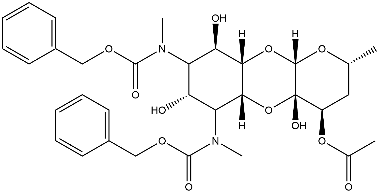 Carbamic acid, [4-(acetyloxy)decahydro-4a,7,9-trihydroxy-2-methyl-2H-pyrano[2,3-b][1,4]benzodioxin-6,8-diyl]bis[methyl-, bis(phenylmethyl) ester, [2R-(2α,4β,4aβ,5aβ,6α,7α,8α,9β,9aβ,10aβ)]- (9CI) Structure